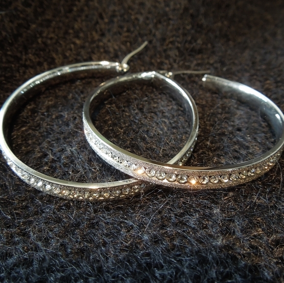 Stainless Steel silvertone inside/outside Pave, 2" inch Hoop earrings - Picture 2 of 9